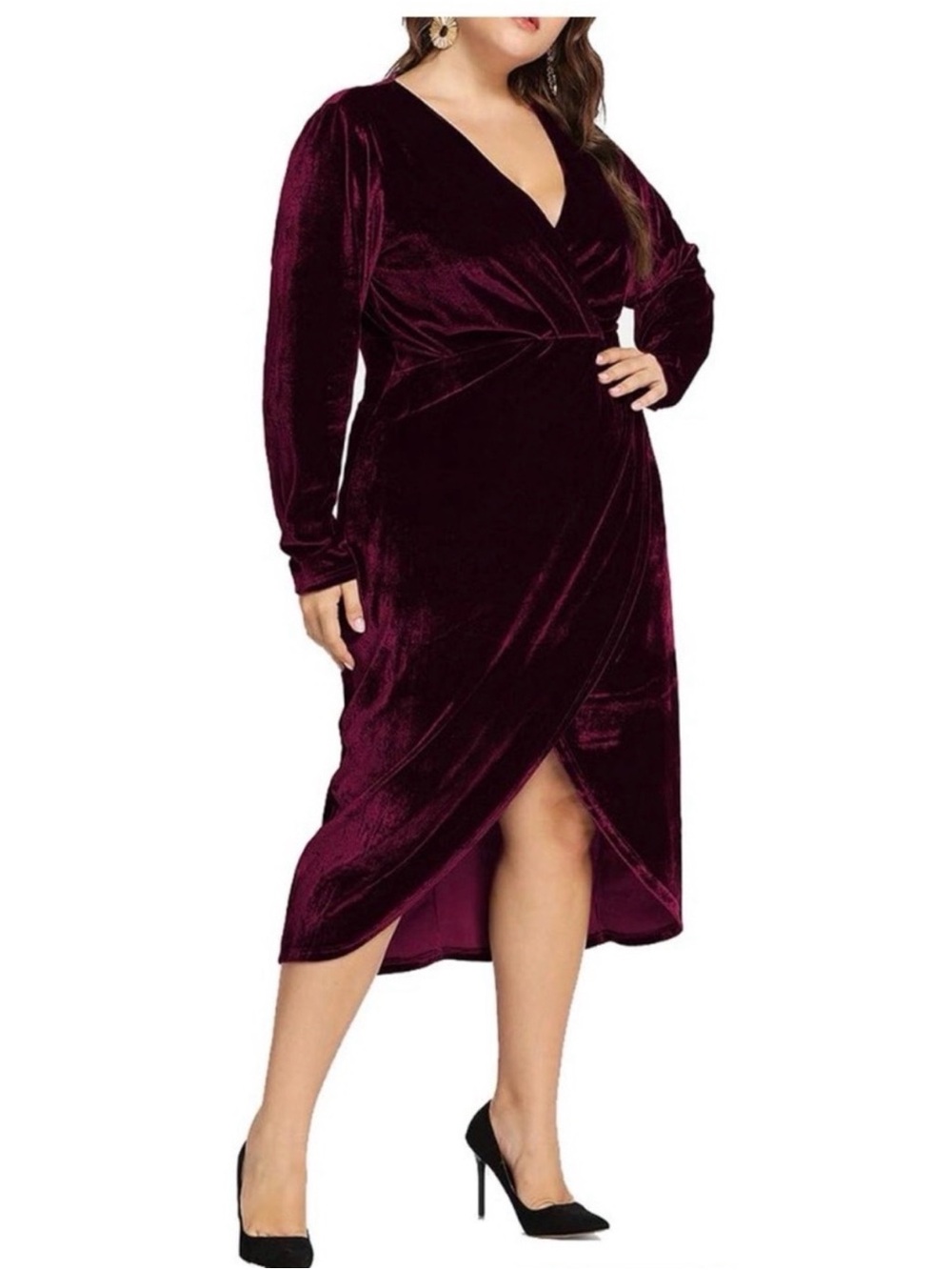 ESPRLIA Burgundy Velvet Faux Wrap Midi Dress Plus Size 14W Holiday Party - Picture 2 of 7